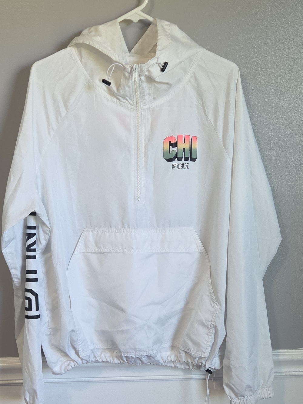 PINK Victoria's Secret White Hooded Windbreaker with CHI Chicago 1/2 Zip